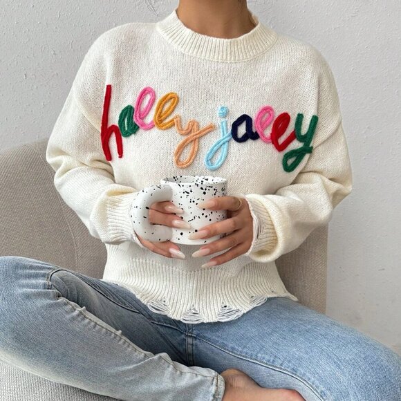 White Casual Women's Letter Embroidery Drop Shoulder Raw Hem Sweater - Picture 1 of 7